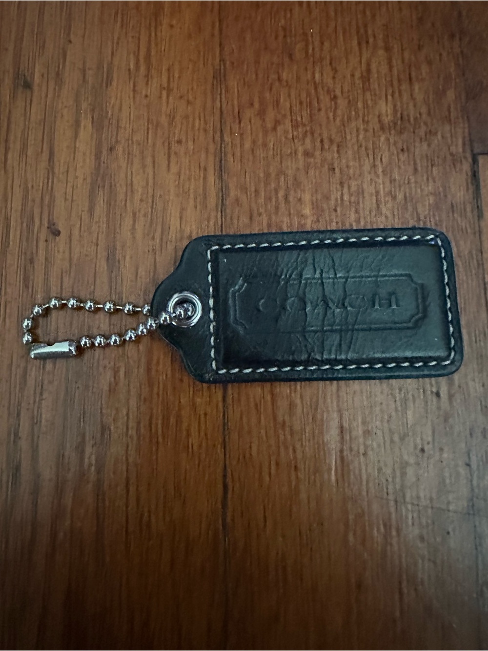 Coach Black Leather Key Tag with Silver Ball Chain W1”.5/ L 2”.5